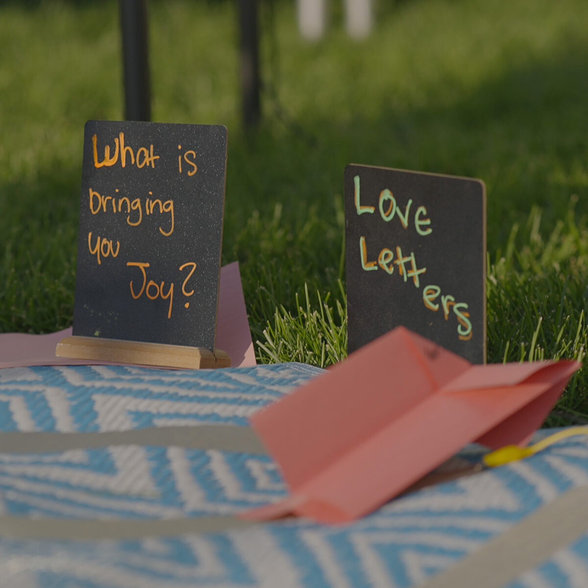 Chalkboard signs on the grass at Queen Dreas outdoor performance