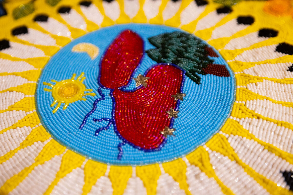 Close-up of beadwork by Indigenous artist