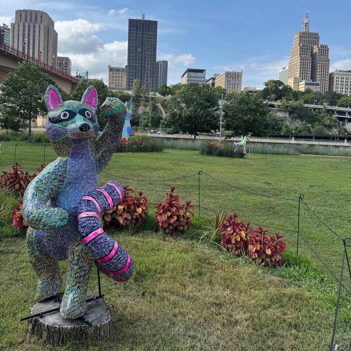 Colorful sculpture of raccoon on Raspberry Island