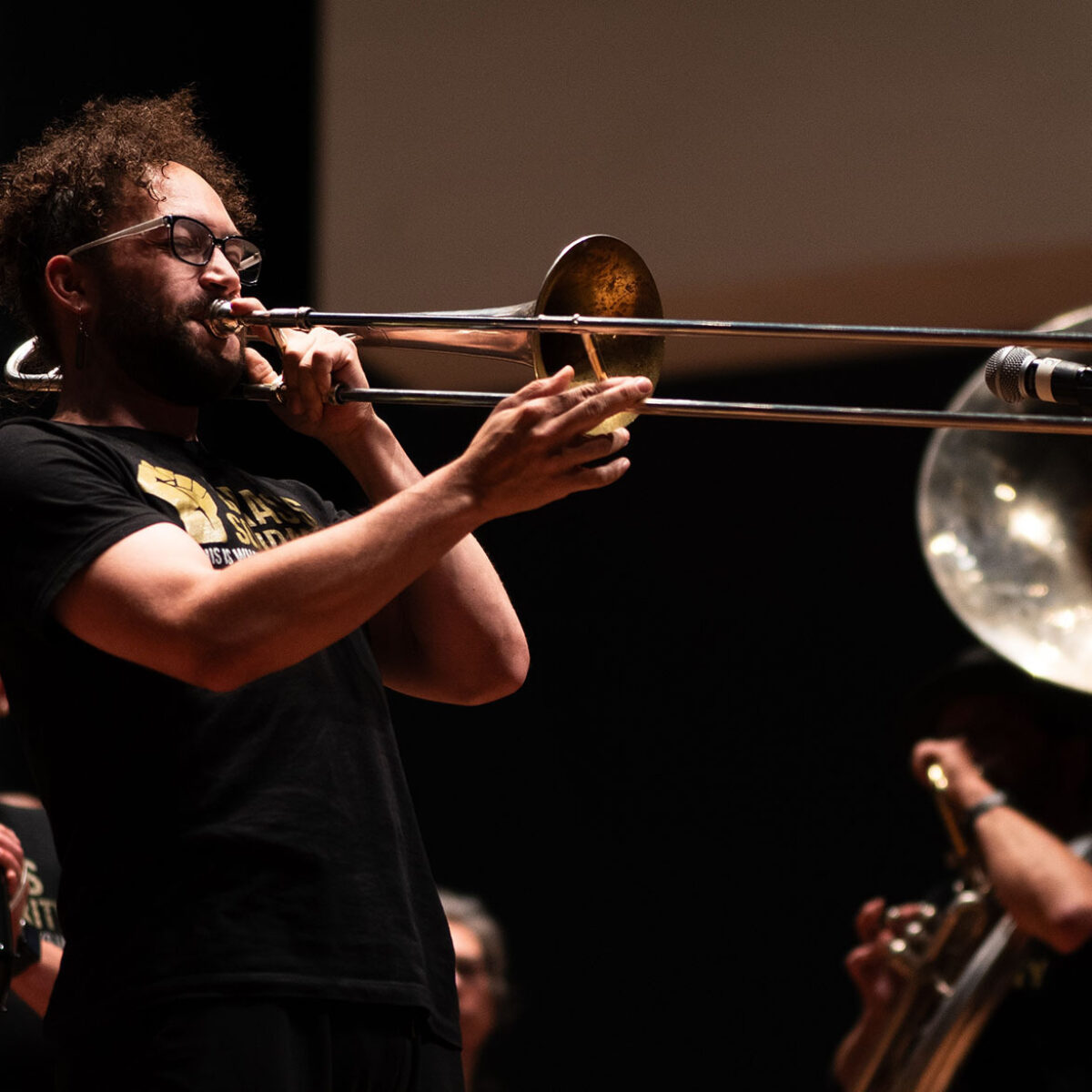 Man playing trombone with Brass Solidarity