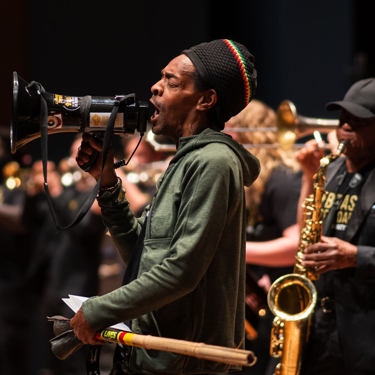 Members of Brass Solidarity performing on stage