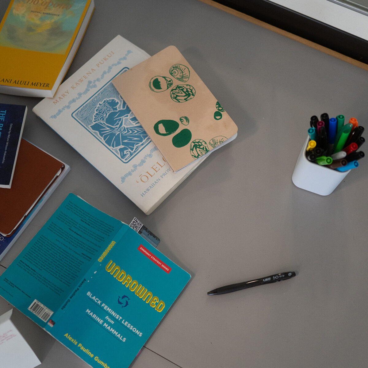 Scattered books pens and markers on a table