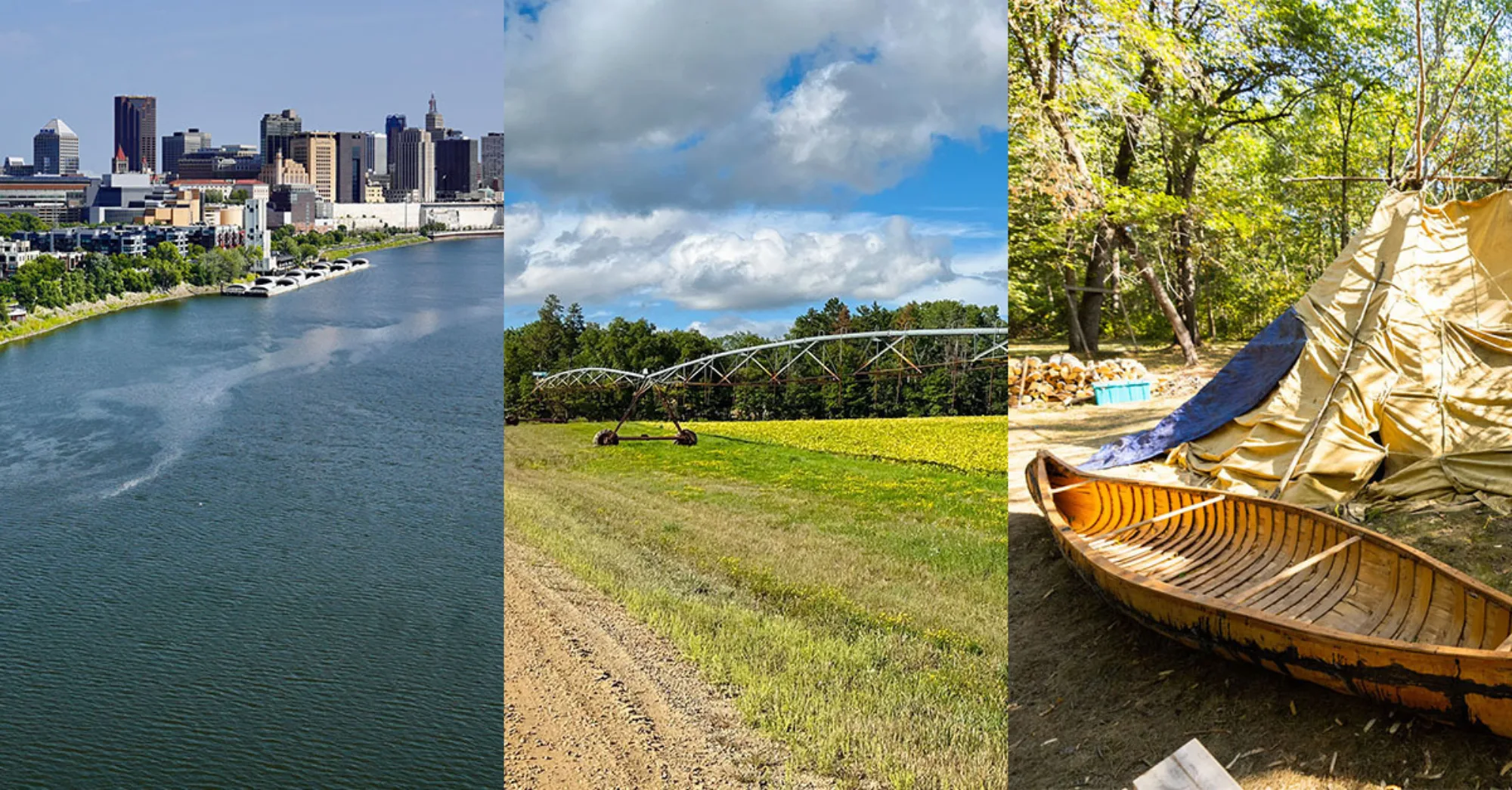 Downtown Saint Paul and the Mississippi River, a field in rural Minnesota, and a birchbark canoe