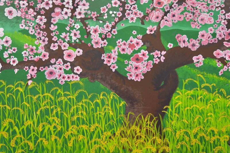 Arts Culture Painted mural of a cherry blossom tree