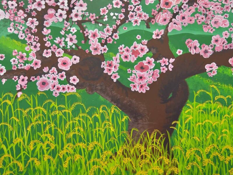 Arts Culture Painted mural of a cherry blossom tree